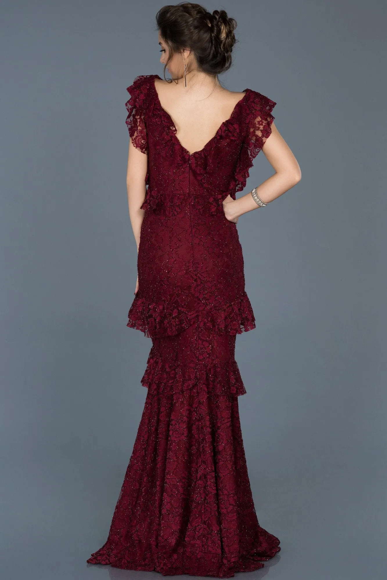 15797 Burgundy Tiered Sequined Lace Dress