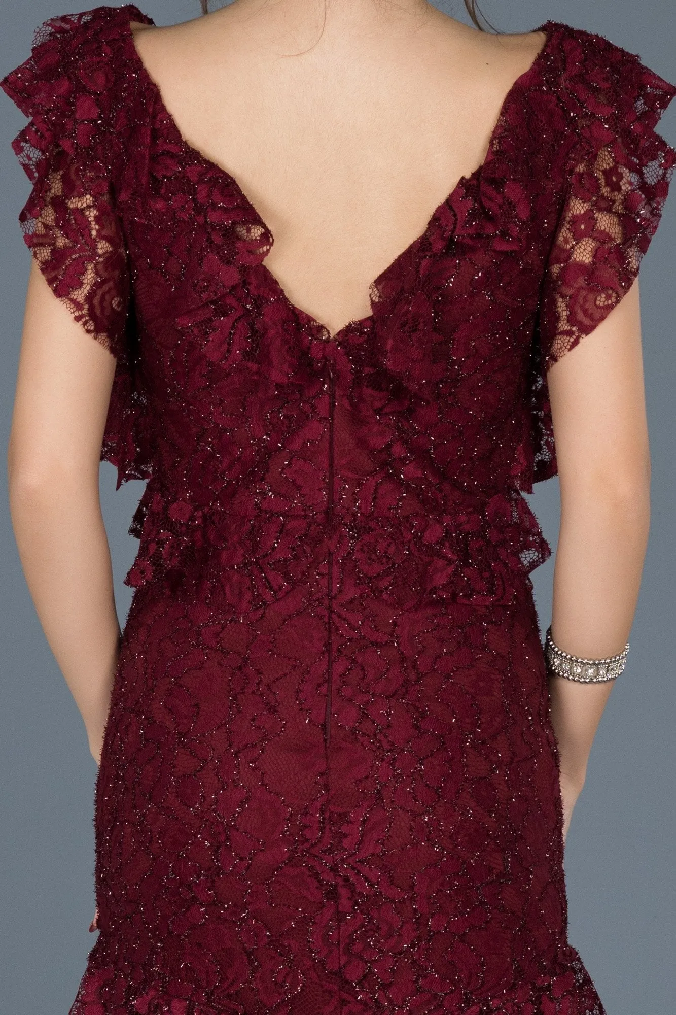 15797 Burgundy Tiered Sequined Lace Dress