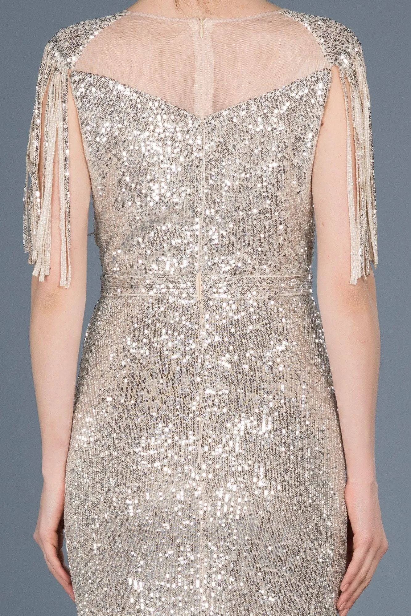 15799 Gold-Mink Tassel Sleeve Sequined Dress
