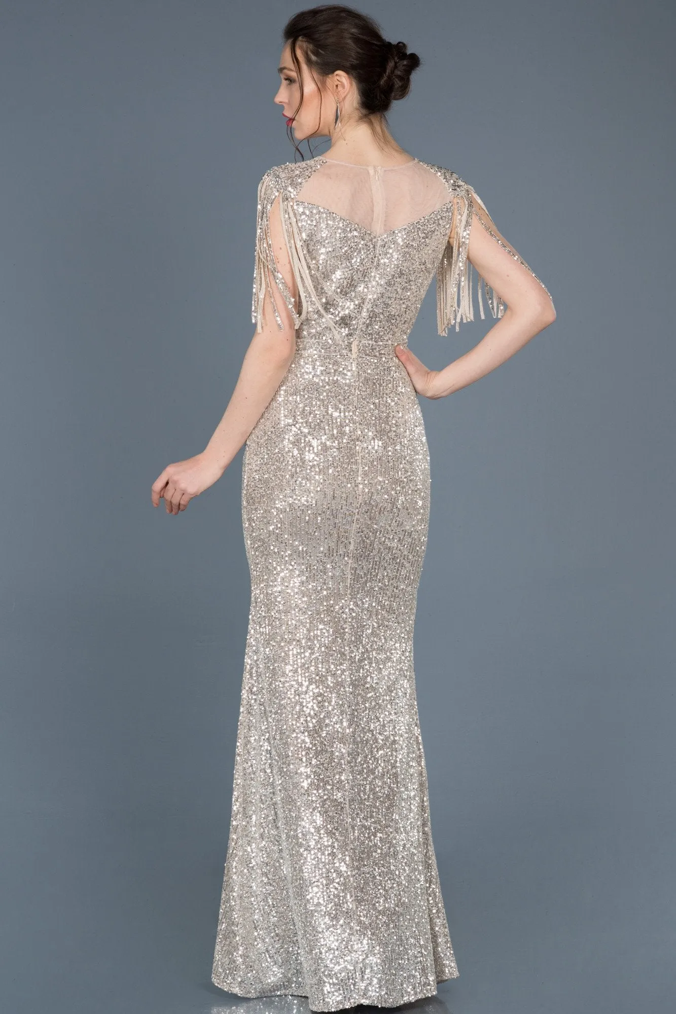 15799 Gold-Mink Tassel Sleeve Sequined Dress