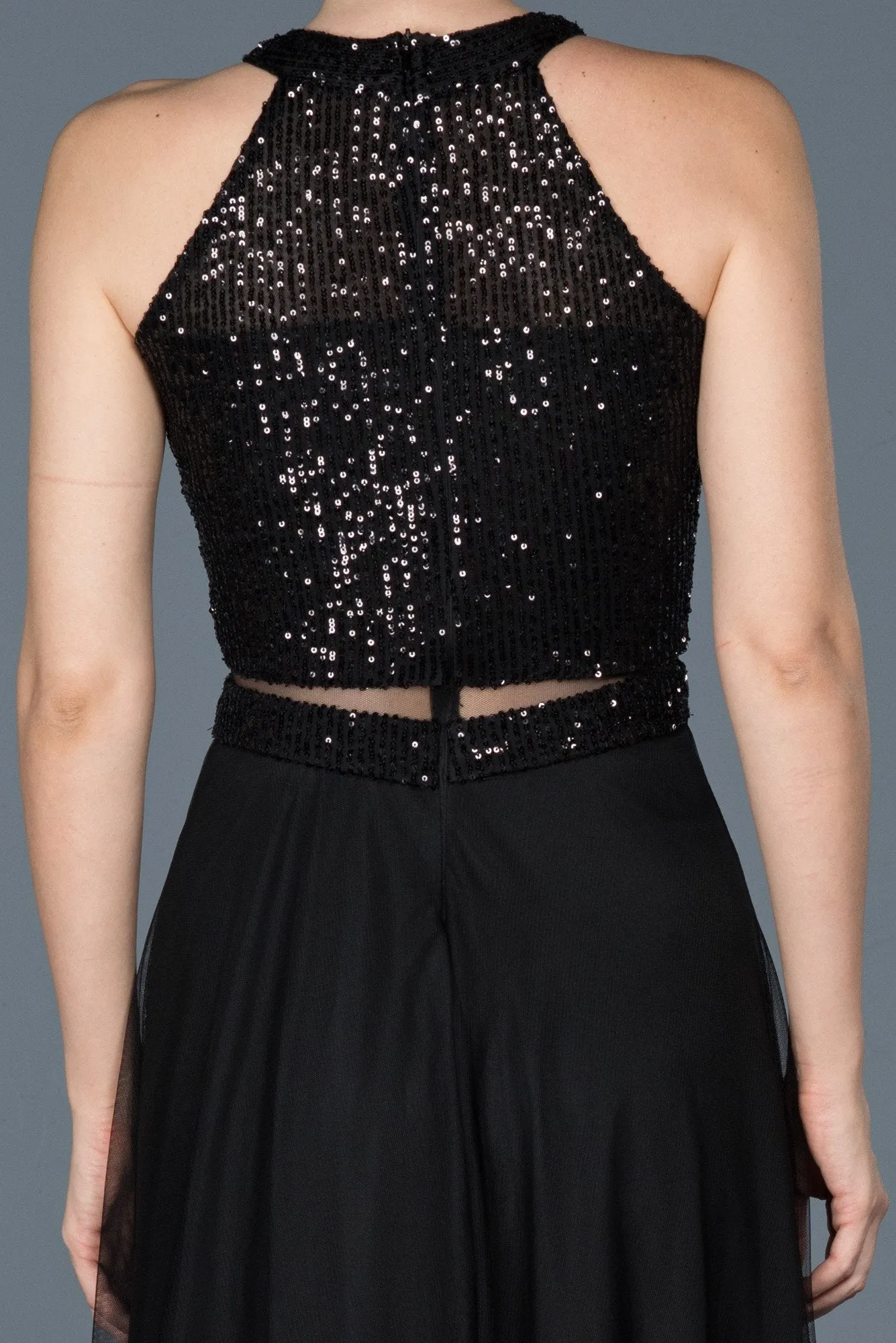 16004 Black Sequined Top Tulle Dress