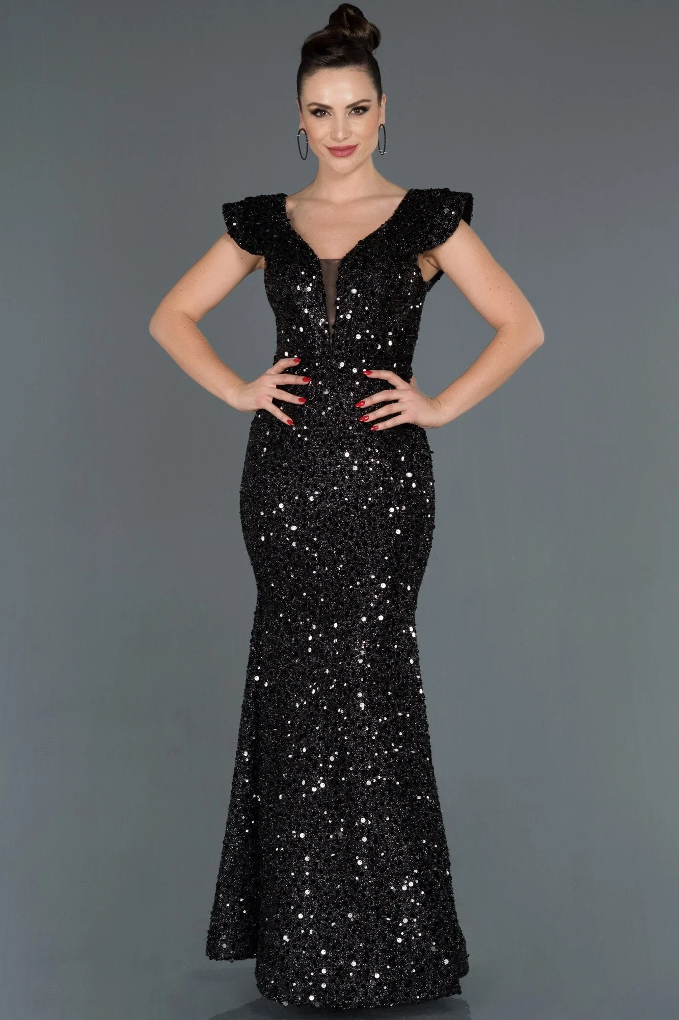 16013 Black Sequined Mermaid Dress