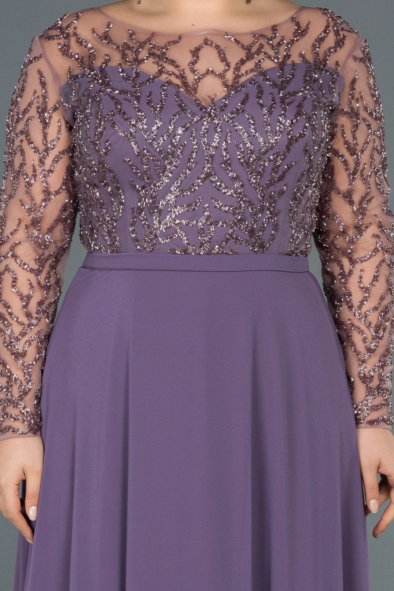16581 Lilac Embroidered Tulle Sleeve Chiffon Dress