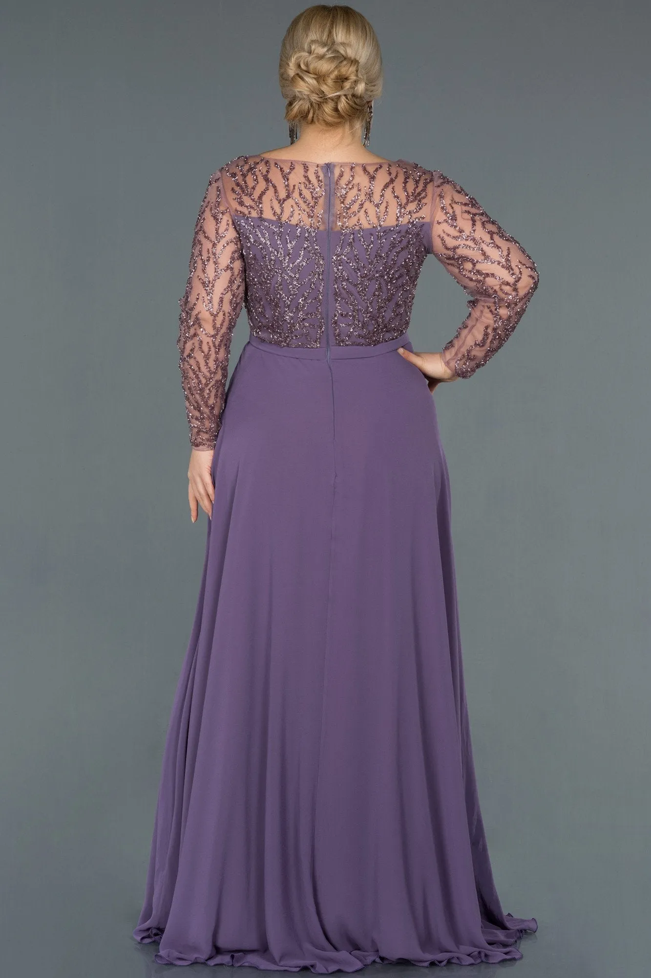 16581 Lilac Embroidered Tulle Sleeve Chiffon Dress