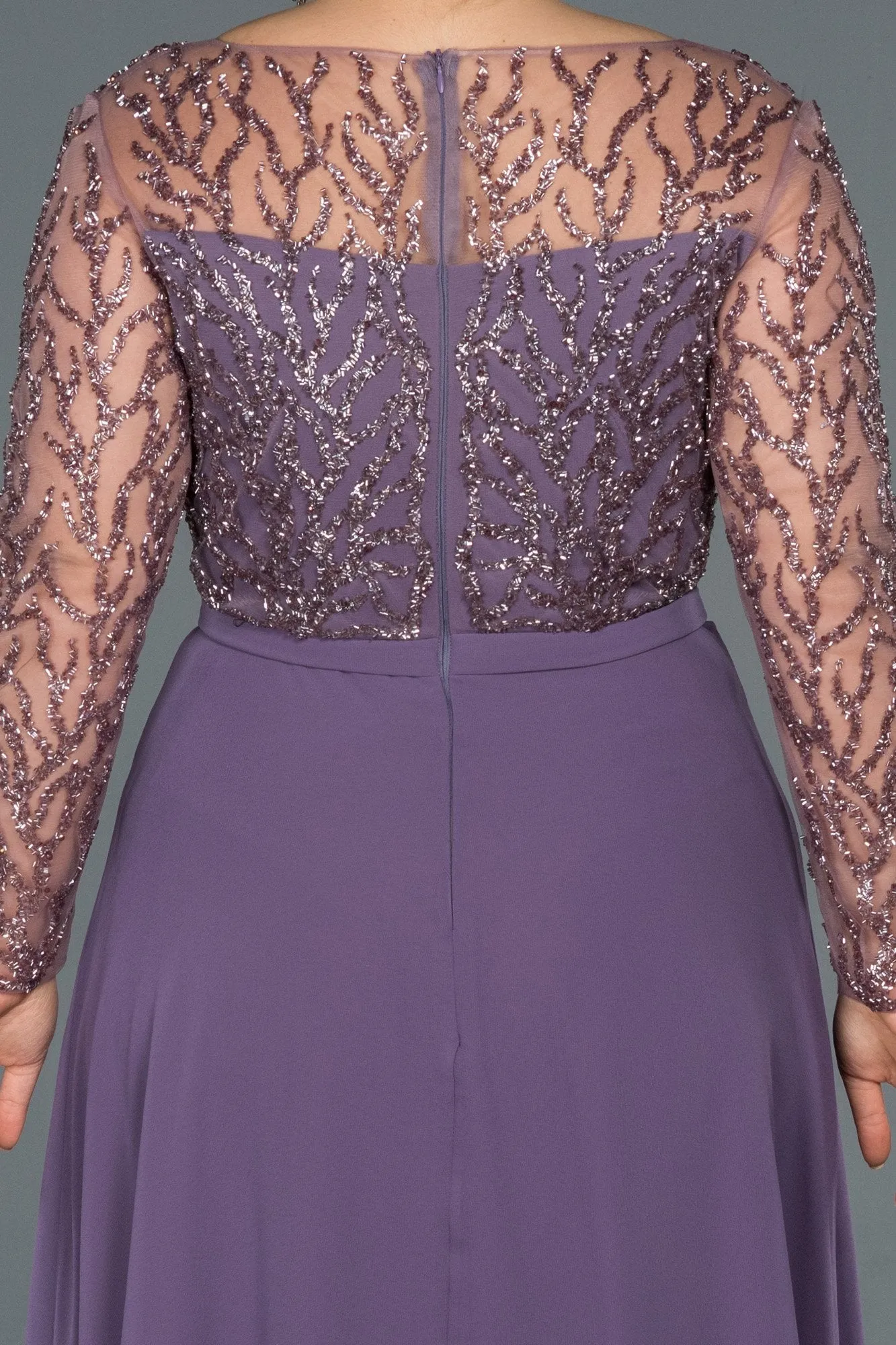 16581 Lilac Embroidered Tulle Sleeve Chiffon Dress