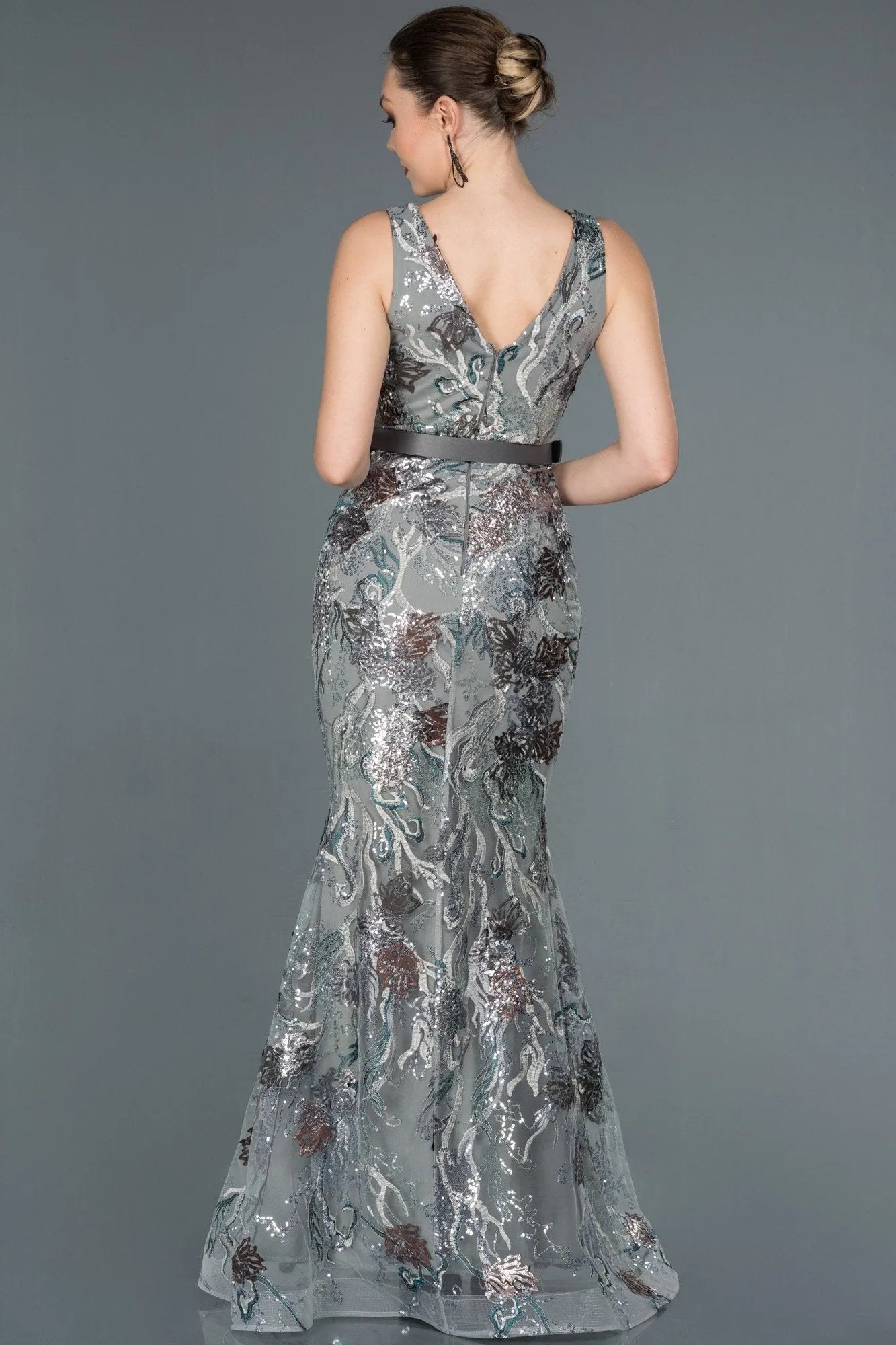 16602 Grey-Green Embroidered Sequined Tulle Belt Mermaid Dress