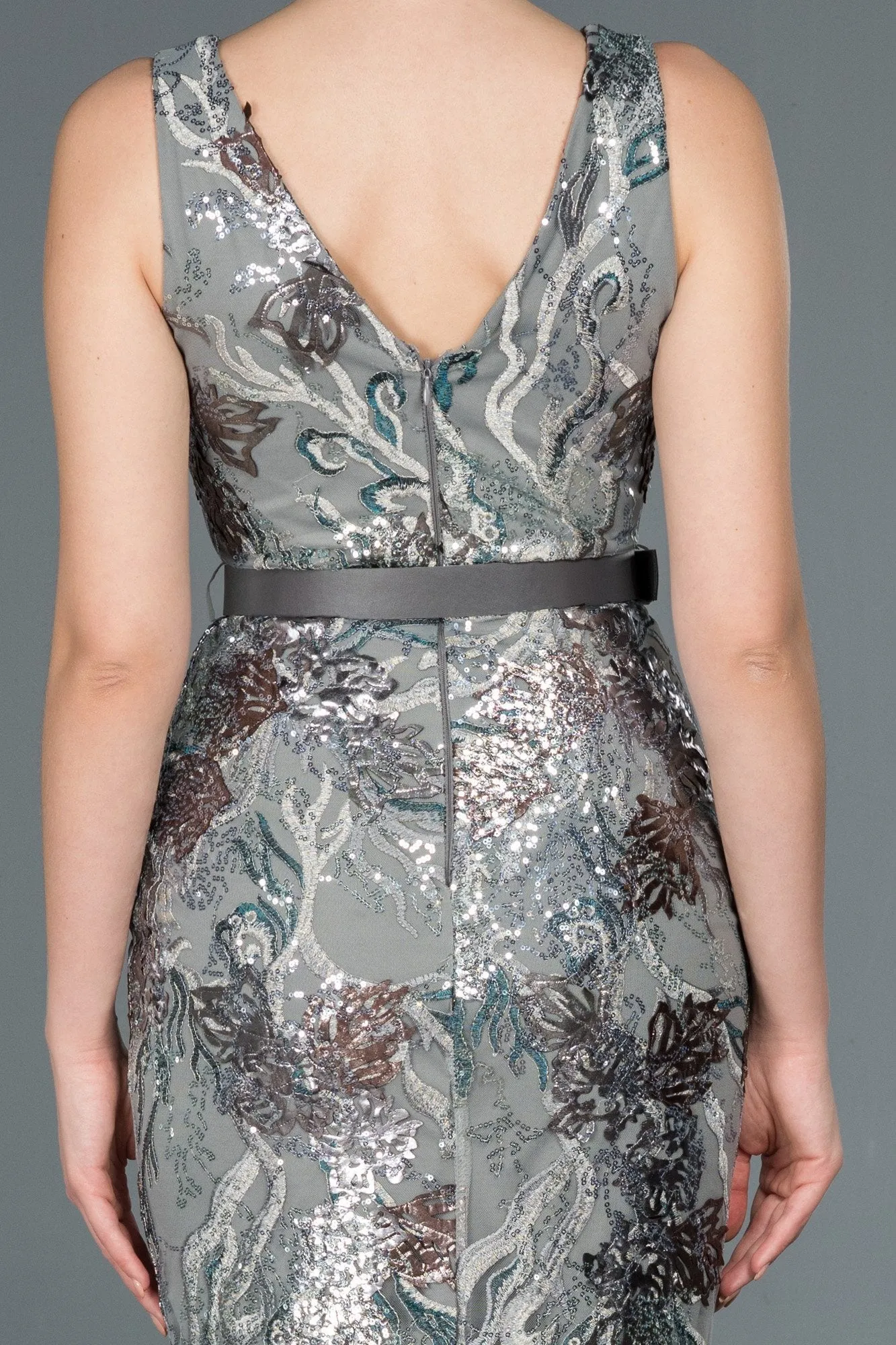 16602 Grey-Green Embroidered Sequined Tulle Belt Mermaid Dress
