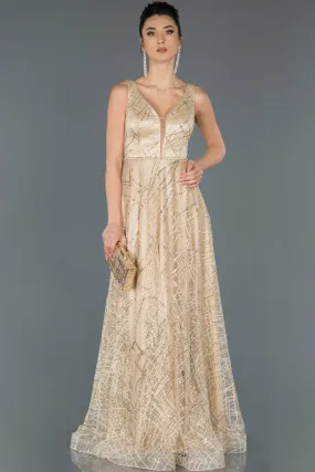 16677 Gold Sequined Tulle Gown