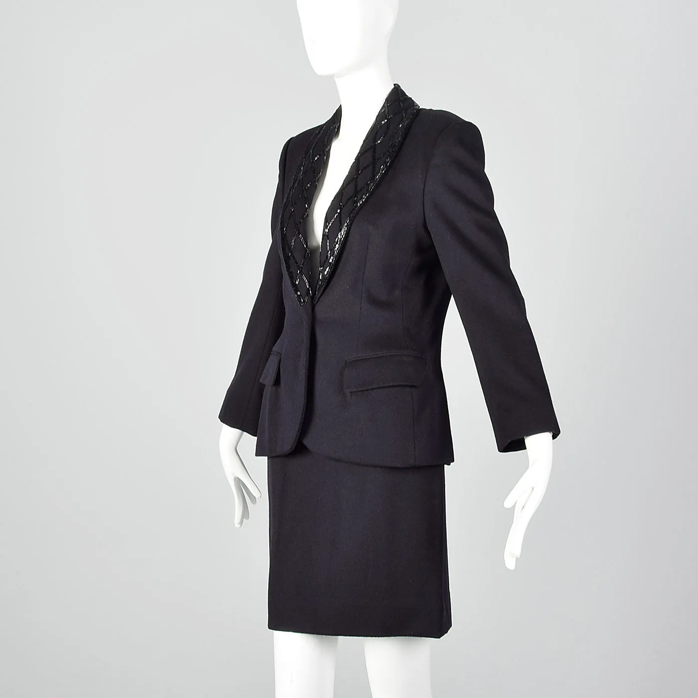 1970s Calvin Klein Dark Navy Skirt Suit with Beaded Lapels