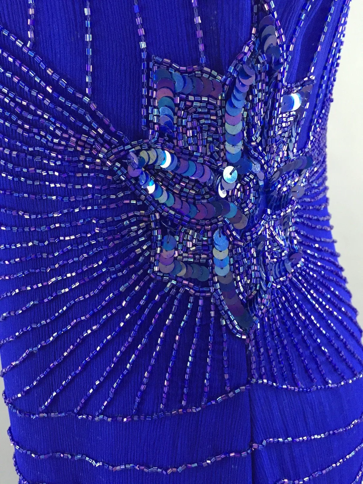 1980s Vintage Royal Blue Art Deco Beaded Trophy Cocktail Dress