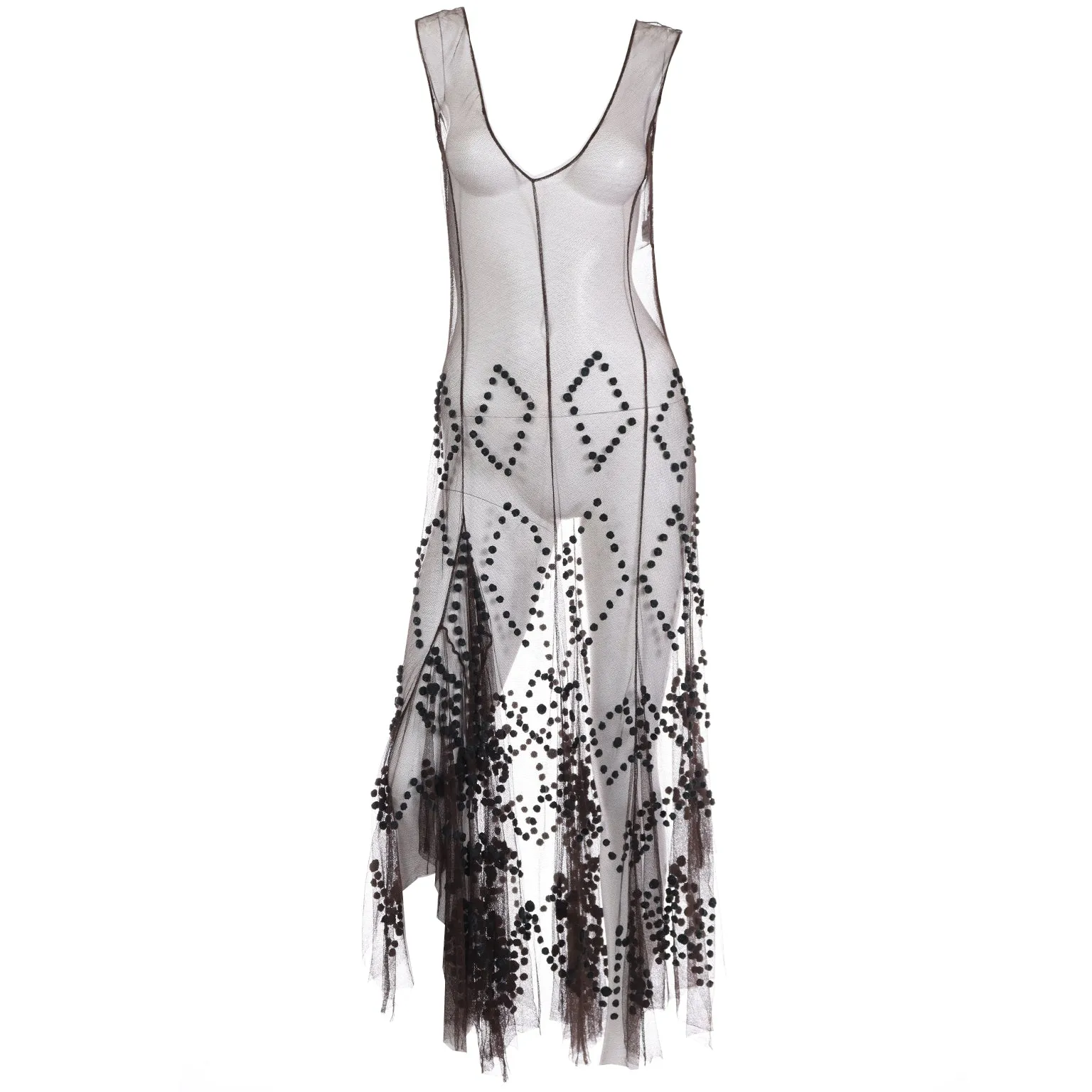 1990s Alberta Ferretti Chocolate Brown Silk Net Slip Dress w Teal Pom Poms