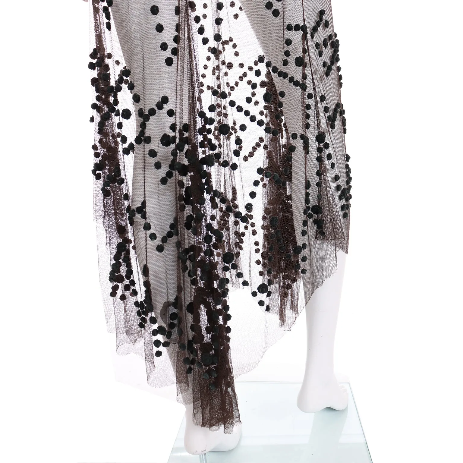 1990s Alberta Ferretti Chocolate Brown Silk Net Slip Dress w Teal Pom Poms