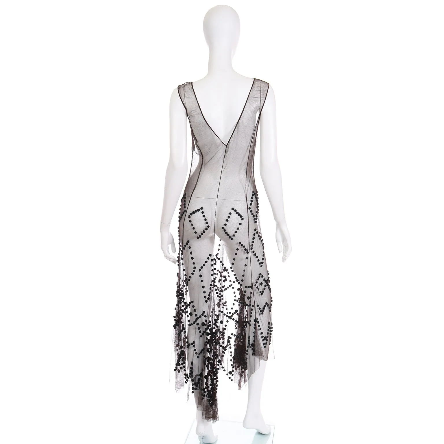 1990s Alberta Ferretti Chocolate Brown Silk Net Slip Dress w Teal Pom Poms