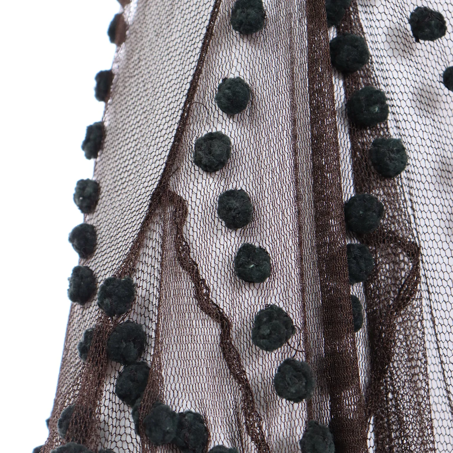 1990s Alberta Ferretti Chocolate Brown Silk Net Slip Dress w Teal Pom Poms