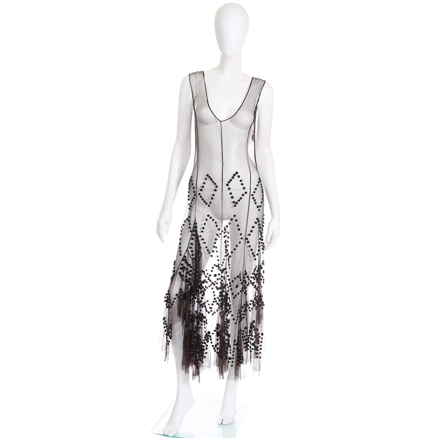1990s Alberta Ferretti Chocolate Brown Silk Net Slip Dress w Teal Pom Poms