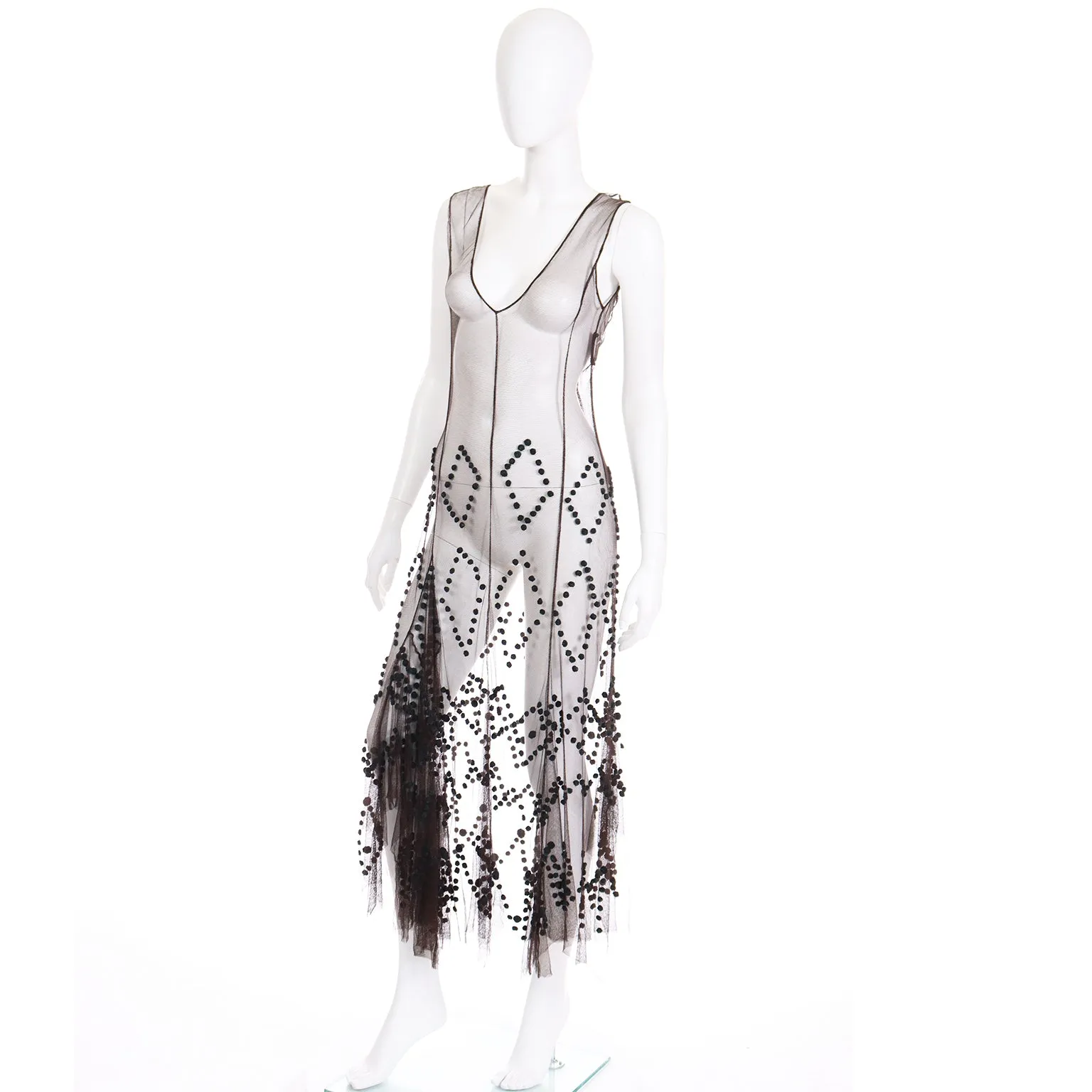 1990s Alberta Ferretti Chocolate Brown Silk Net Slip Dress w Teal Pom Poms