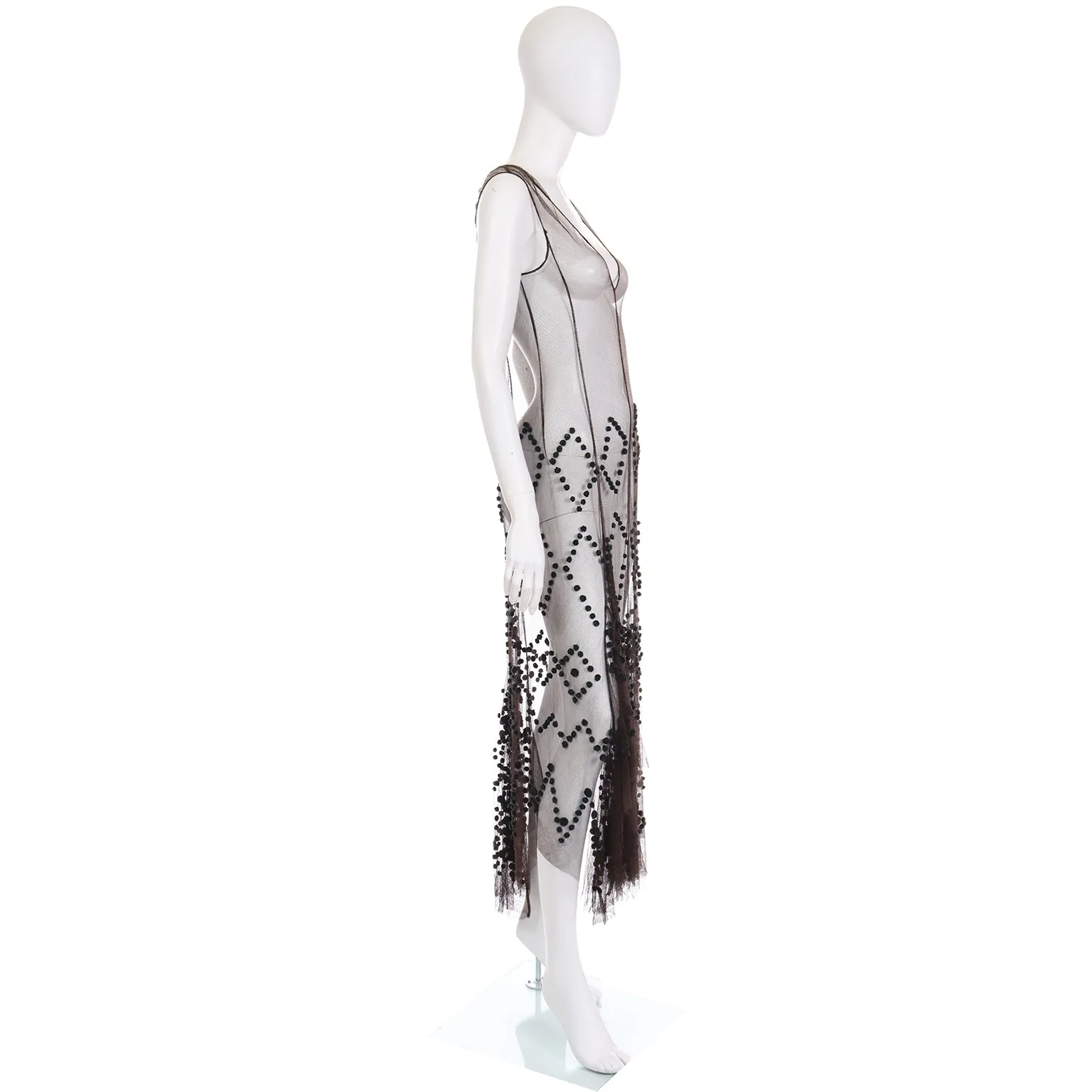 1990s Alberta Ferretti Chocolate Brown Silk Net Slip Dress w Teal Pom Poms