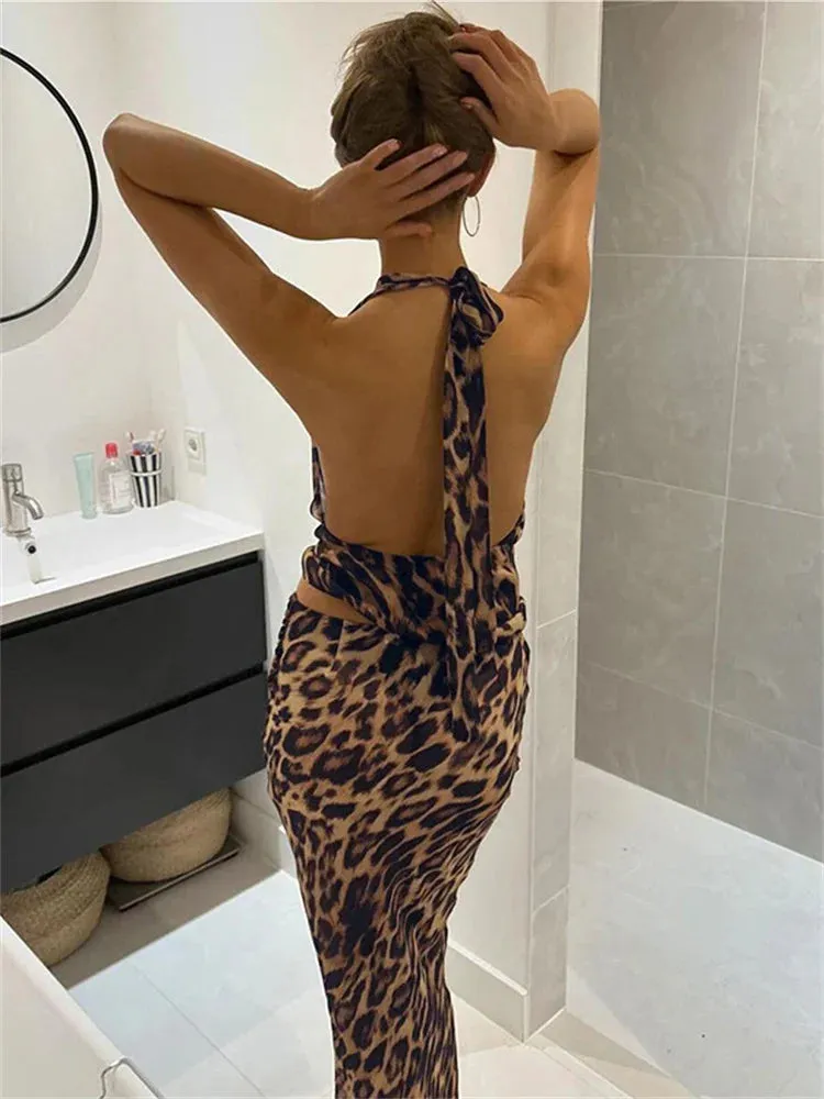 Advbridge  -  Leopard V-Neck Maxi Skirt 2 Piece-Set Female Lace-Up Sexy Printed Ruffled High Waist Streetwear Bandage Women Outfits 2024