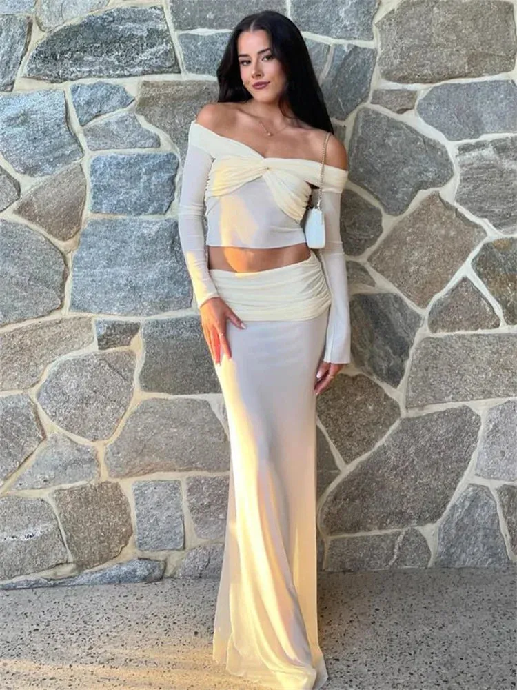 Advbridge See-Through Backless 2 Piece-Set Long Dress For Women Twist Cropped Pullover And Maxi Skirt Sets Fashion Autumn Outfits