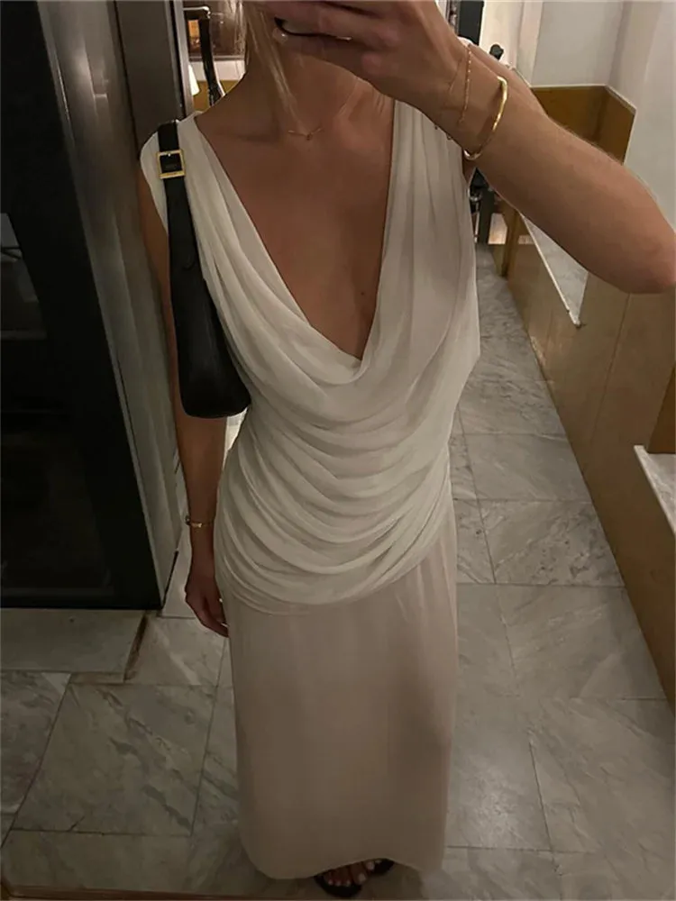 Amozae Sexy V-Neck 2 Piece-Set Long Skirt For Women Fashion Sleeveless Pullover And High Waist Maxi Skirt Sets Women's Outfits