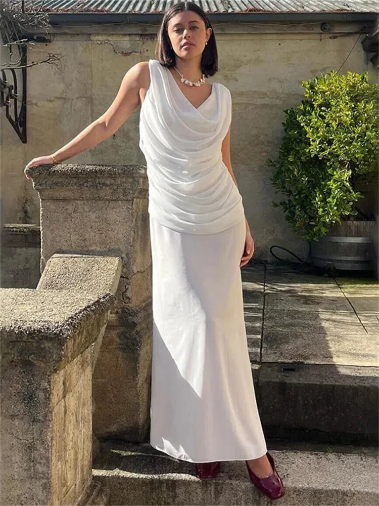 Amozae Sexy V-Neck 2 Piece-Set Long Skirt For Women Fashion Sleeveless Pullover And High Waist Maxi Skirt Sets Women's Outfits