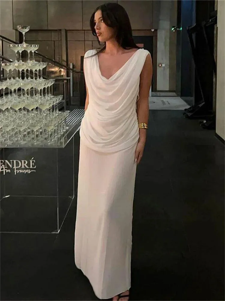 Amozae Sexy V-Neck 2 Piece-Set Long Skirt For Women Fashion Sleeveless Pullover And High Waist Maxi Skirt Sets Women's Outfits