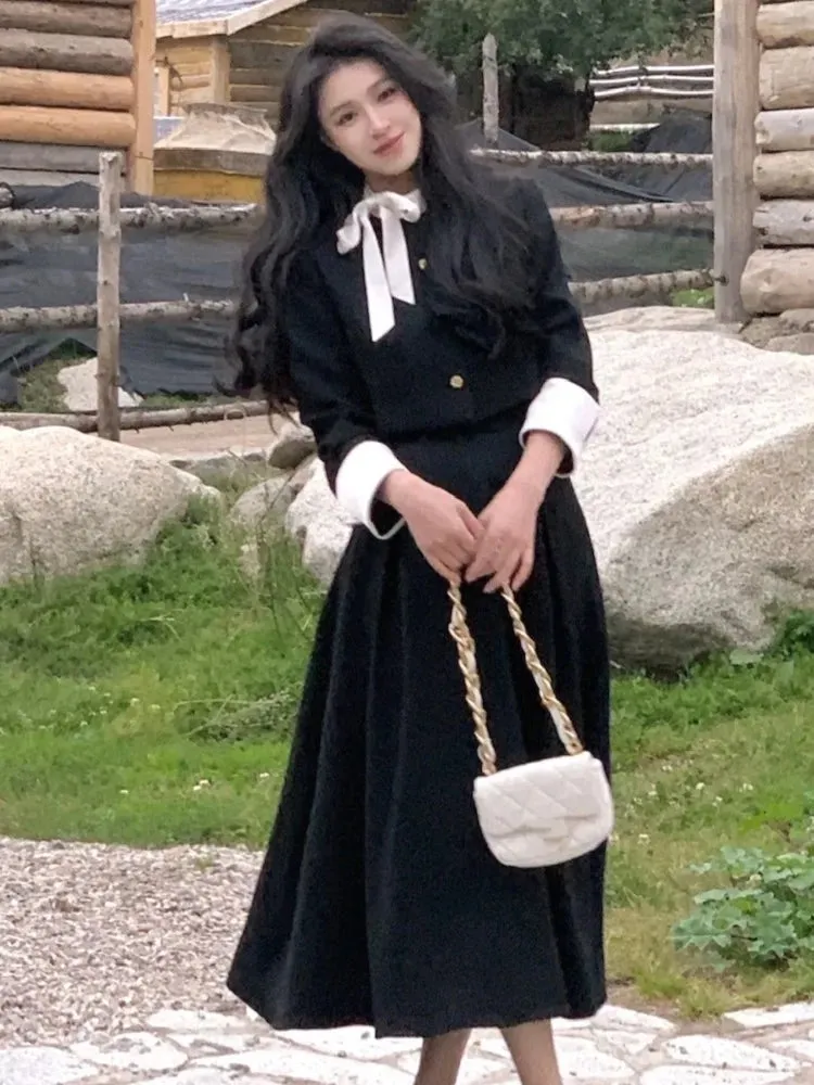 Autumn Two-Piece Set Long Sleeve Cropped Jacket & Pleated Long Skirt