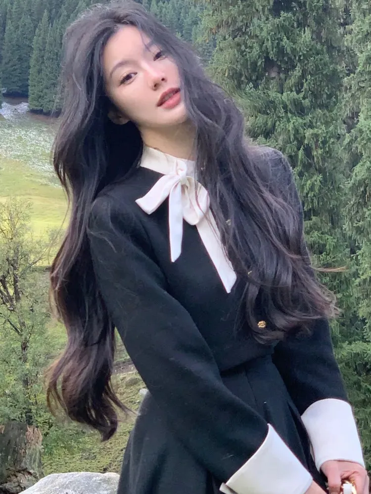 Autumn Two-Piece Set Long Sleeve Cropped Jacket & Pleated Long Skirt