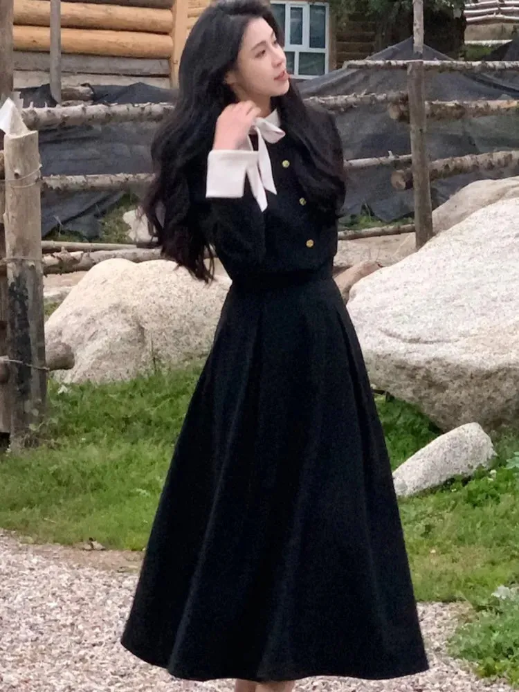 Autumn Two-Piece Set Long Sleeve Cropped Jacket & Pleated Long Skirt