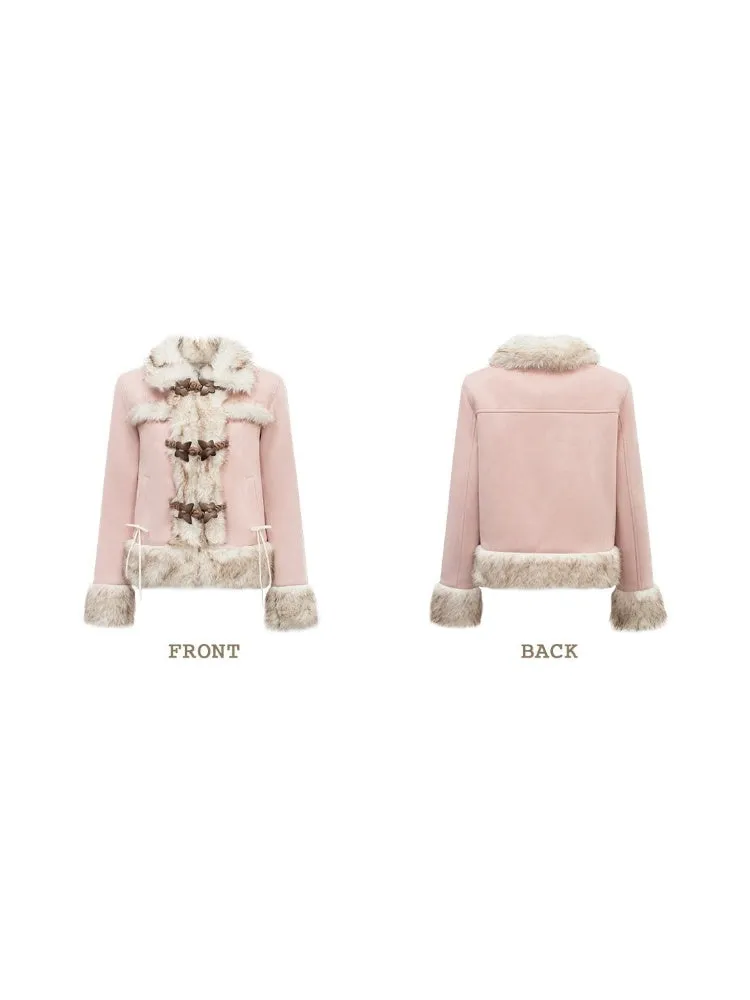 Butterfly Horn Buckle Fur Plush Jacket & Double Button Belt Pleated Skirt【s0000004356】