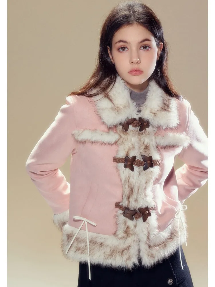 Butterfly Horn Buckle Fur Plush Jacket & Double Button Belt Pleated Skirt【s0000004356】