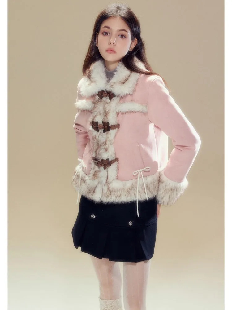 Butterfly Horn Buckle Fur Plush Jacket & Double Button Belt Pleated Skirt【s0000004356】