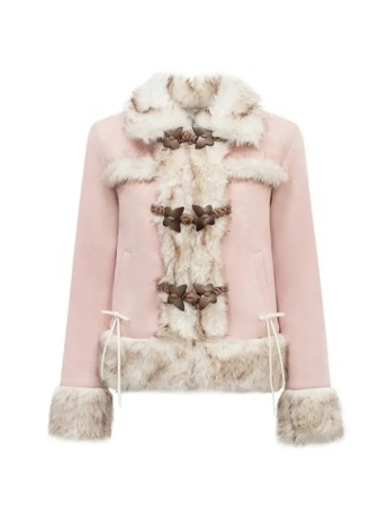 Butterfly Horn Buckle Fur Plush Jacket & Double Button Belt Pleated Skirt【s0000004356】