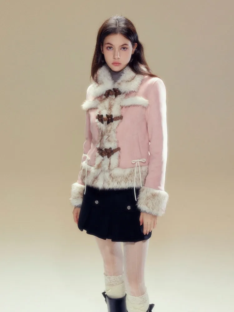 Butterfly Horn Buckle Fur Plush Jacket & Double Button Belt Pleated Skirt【s0000004356】