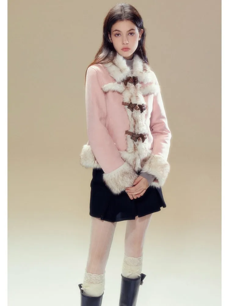 Butterfly Horn Buckle Fur Plush Jacket & Double Button Belt Pleated Skirt【s0000004356】