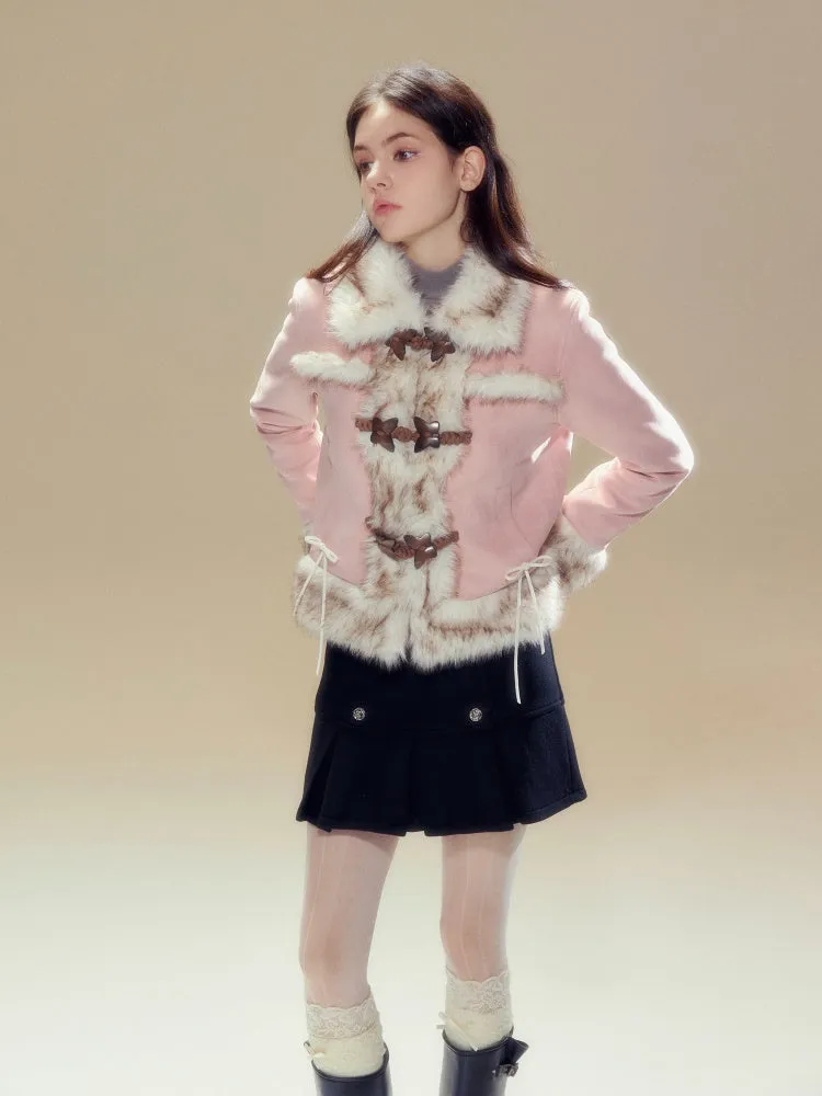 Butterfly Horn Buckle Fur Plush Jacket & Double Button Belt Pleated Skirt【s0000004356】