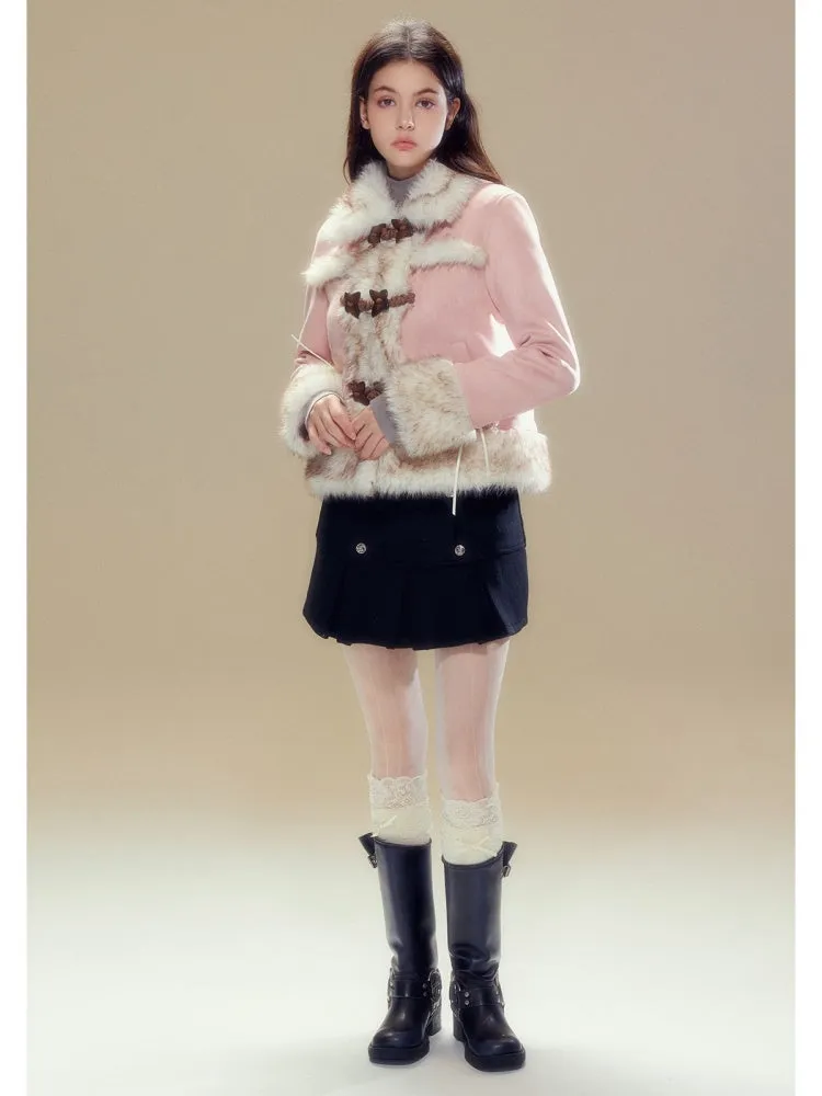 Butterfly Horn Buckle Fur Plush Jacket & Double Button Belt Pleated Skirt【s0000004356】