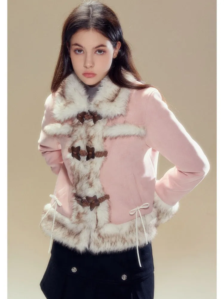 Butterfly Horn Buckle Fur Plush Jacket & Double Button Belt Pleated Skirt【s0000004356】