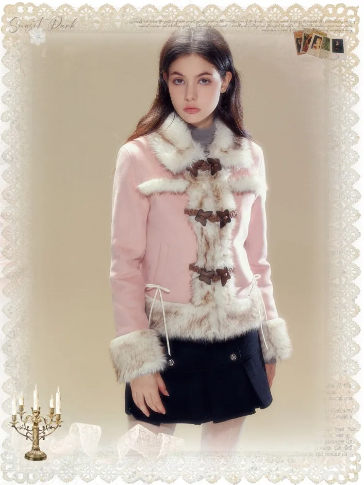 Butterfly Horn Buckle Fur Plush Jacket & Double Button Belt Pleated Skirt【s0000004356】
