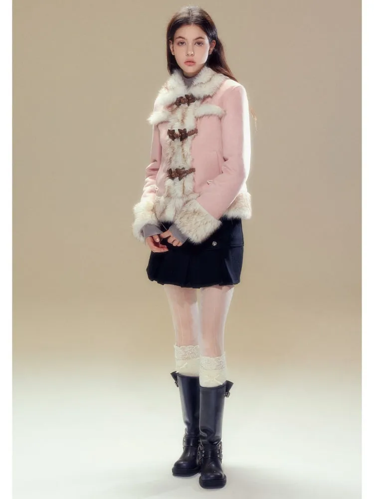 Butterfly Horn Buckle Fur Plush Jacket & Double Button Belt Pleated Skirt【s0000004356】