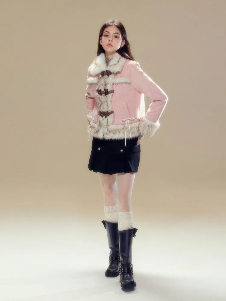 Butterfly Horn Buckle Fur Plush Jacket & Double Button Belt Pleated Skirt【s0000004356】