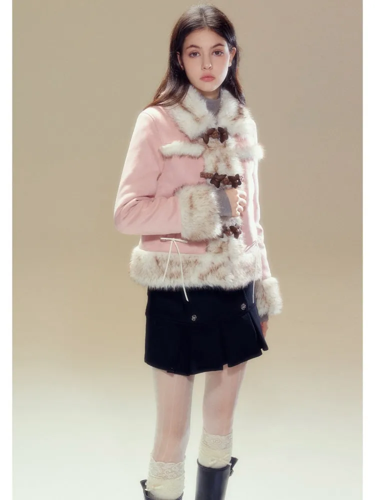 Butterfly Horn Buckle Fur Plush Jacket & Double Button Belt Pleated Skirt【s0000004356】