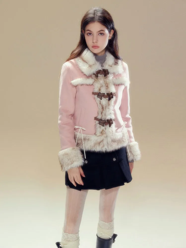 Butterfly Horn Buckle Fur Plush Jacket & Double Button Belt Pleated Skirt【s0000004356】