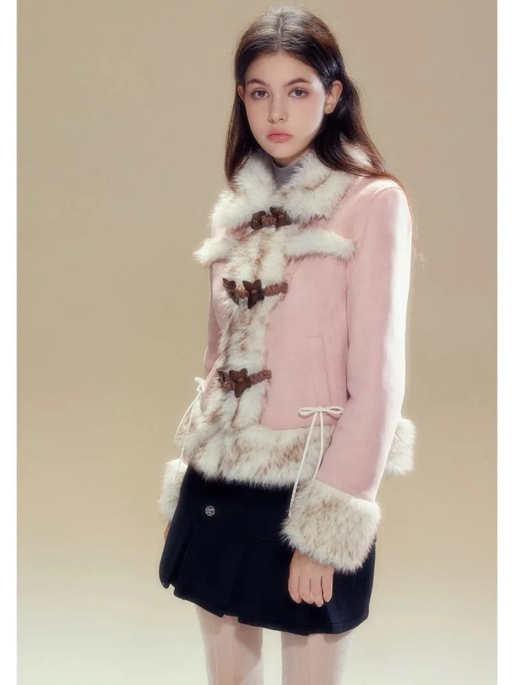 Butterfly Horn Buckle Fur Plush Jacket & Double Button Belt Pleated Skirt【s0000004356】