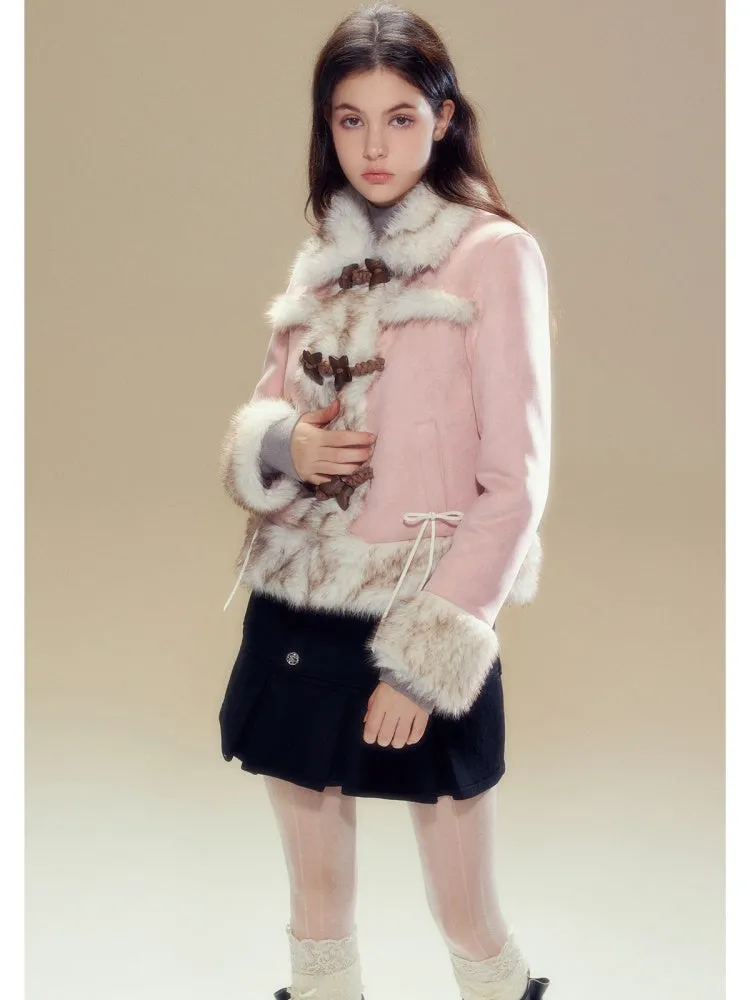Butterfly Horn Buckle Fur Plush Jacket & Double Button Belt Pleated Skirt【s0000004356】
