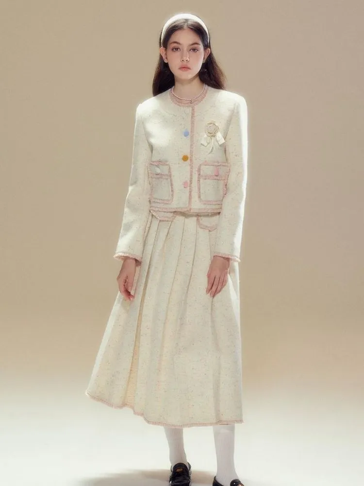 Contrast Button Wool Jacket and Pleated Long Skirt【s0000003634】