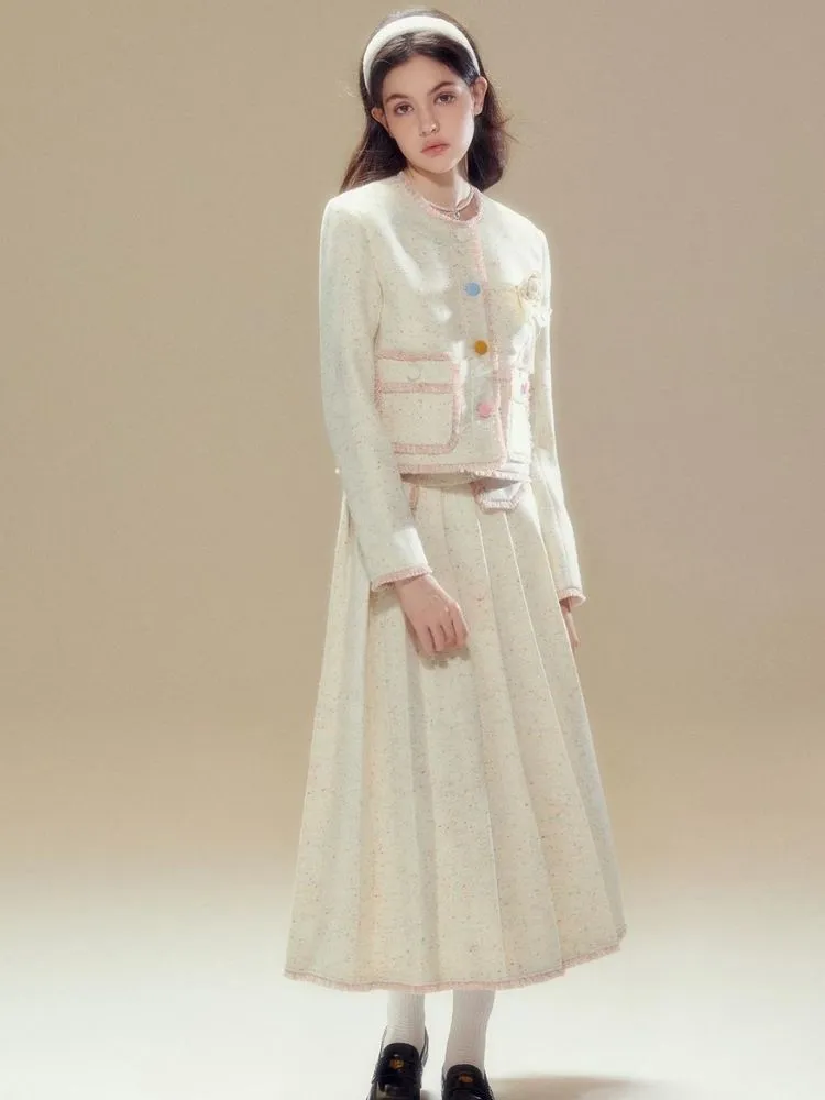 Contrast Button Wool Jacket and Pleated Long Skirt【s0000003634】