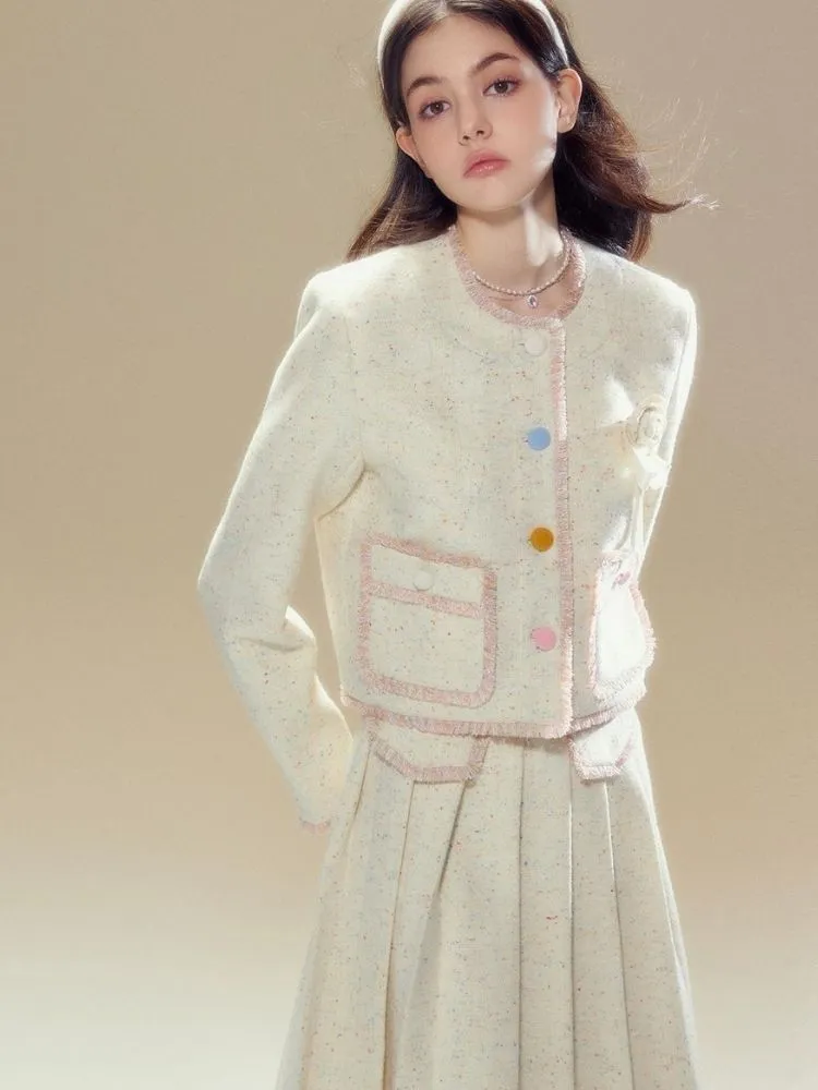 Contrast Button Wool Jacket and Pleated Long Skirt【s0000003634】