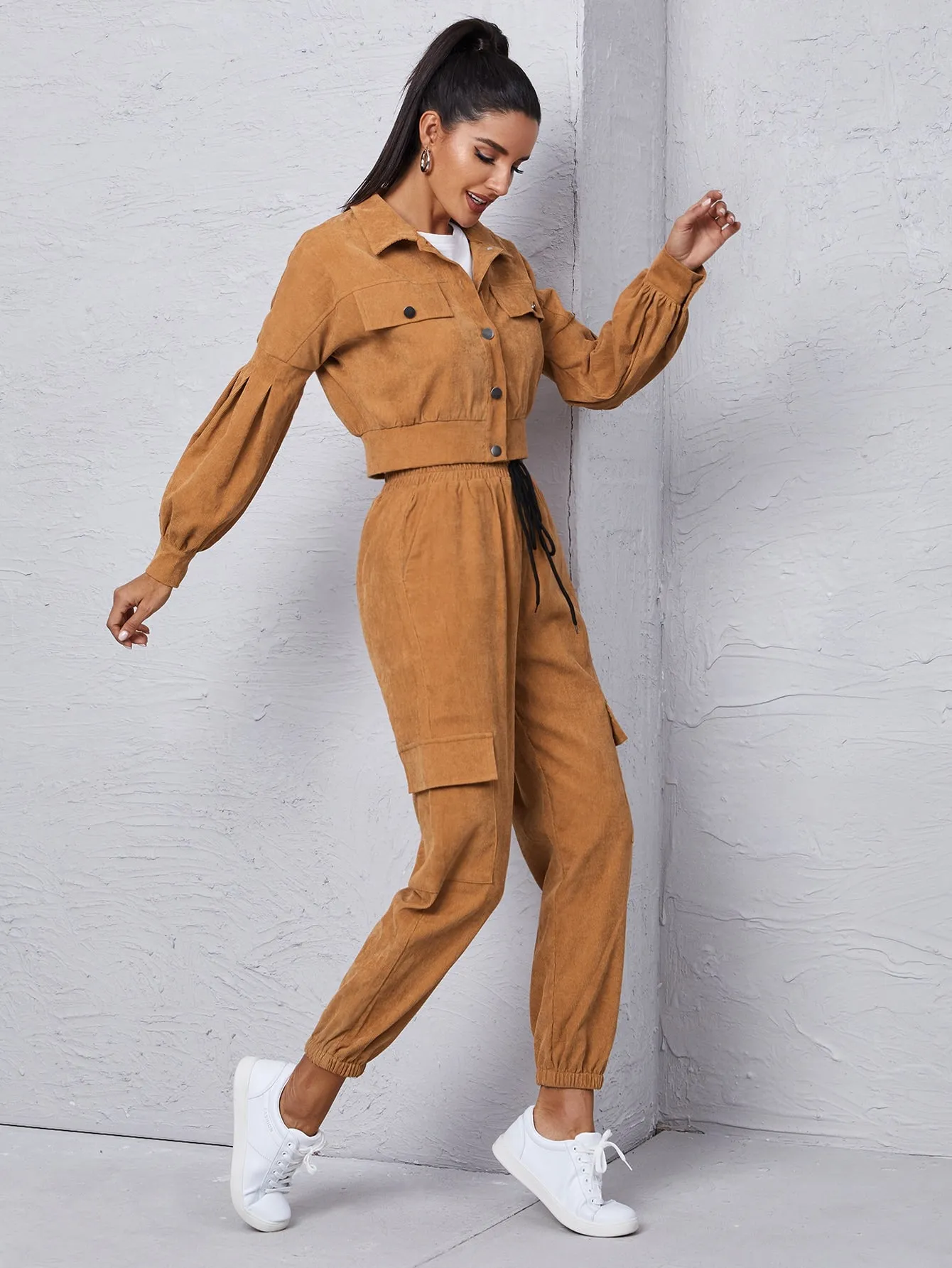 Corduroy Flap Detail Jacket With Tie Front Cargo Pants