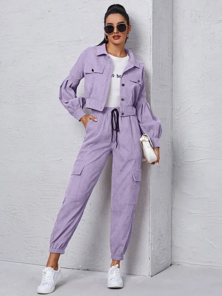 Corduroy Flap Detail Jacket With Tie Front Cargo Pants